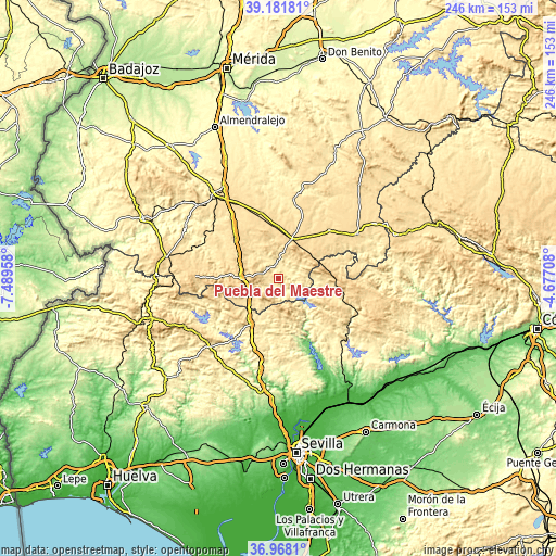 Topographic map of Puebla del Maestre