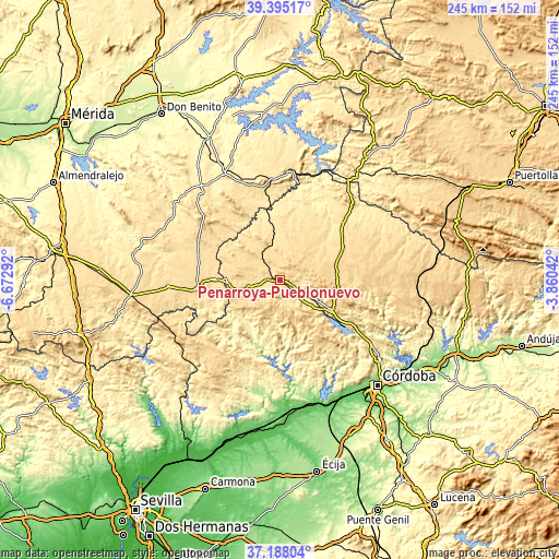 Topographic map of Peñarroya-Pueblonuevo