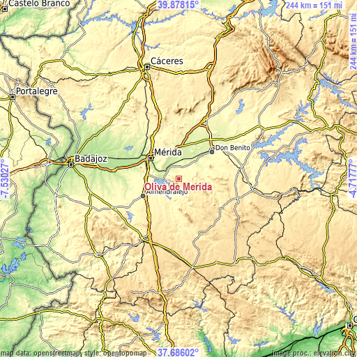 Topographic map of Oliva de Mérida