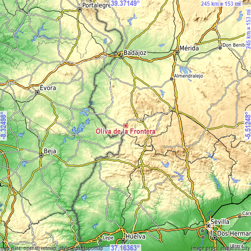 Topographic map of Oliva de la Frontera