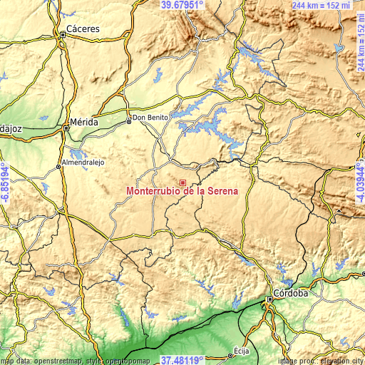 Topographic map of Monterrubio de la Serena