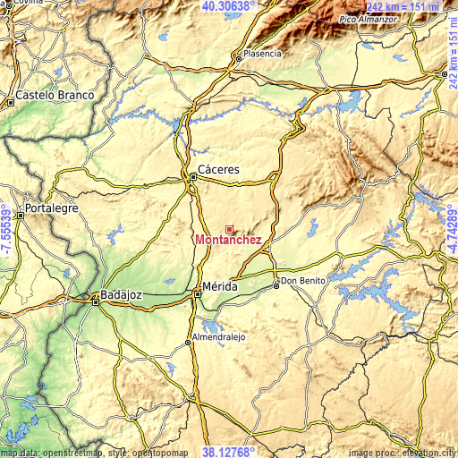 Topographic map of Montánchez