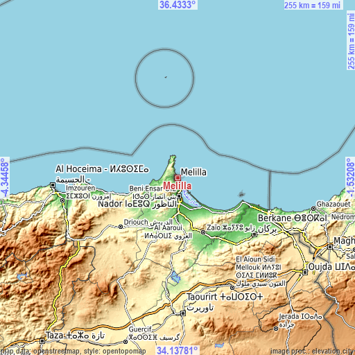 Topographic map of Melilla