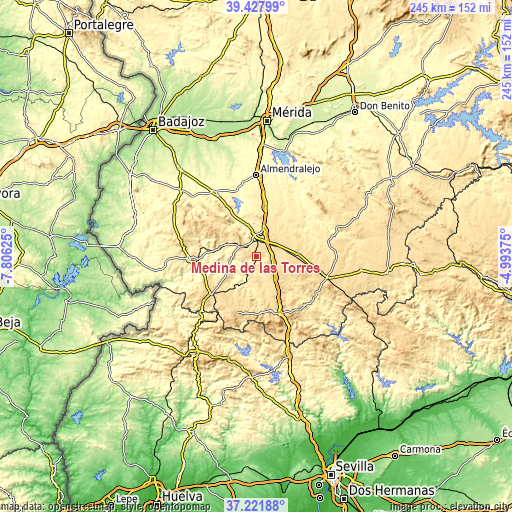 Topographic map of Medina de las Torres