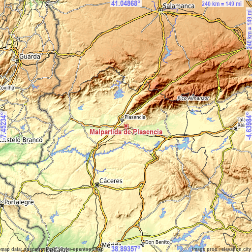 Topographic map of Malpartida de Plasencia