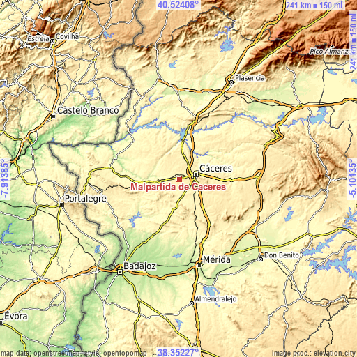 Topographic map of Malpartida de Cáceres