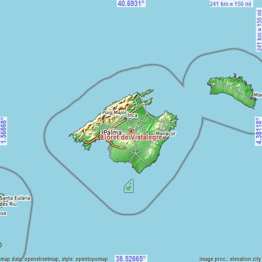 Topographic map of Lloret de Vistalegre