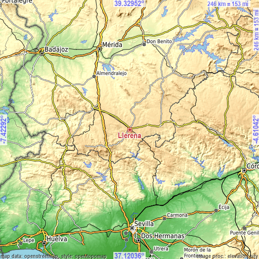 Topographic map of Llerena