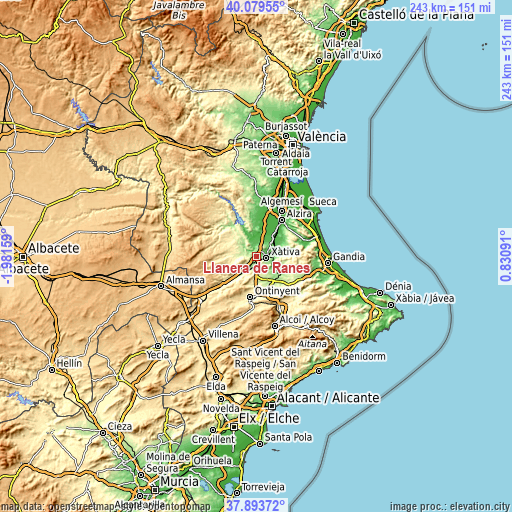 Topographic map of Llanera de Ranes