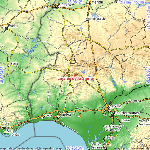 Topographic map of Linares de la Sierra