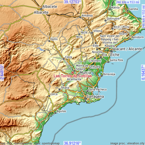 Topographic map of Las Torres de Cotillas