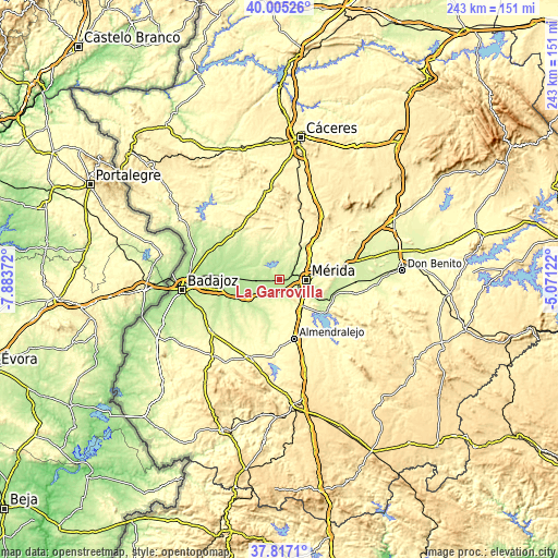 Topographic map of La Garrovilla