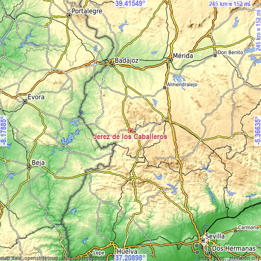 Topographic map of Jerez de los Caballeros