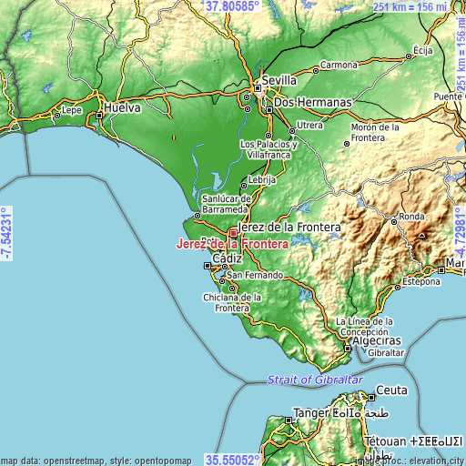 Topographic map of Jerez de la Frontera