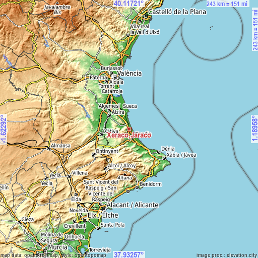 Topographic map of Xeraco,Jaraco