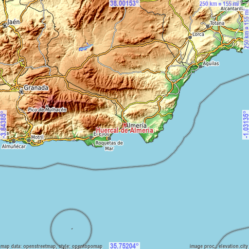 Topographic map of Huércal de Almería