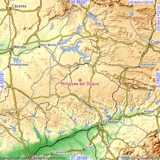 Topographic map of Hinojosa del Duque