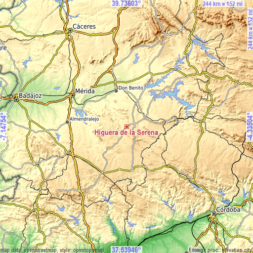 Topographic map of Higuera de la Serena