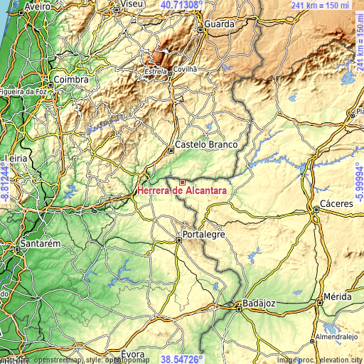 Topographic map of Herrera de Alcántara