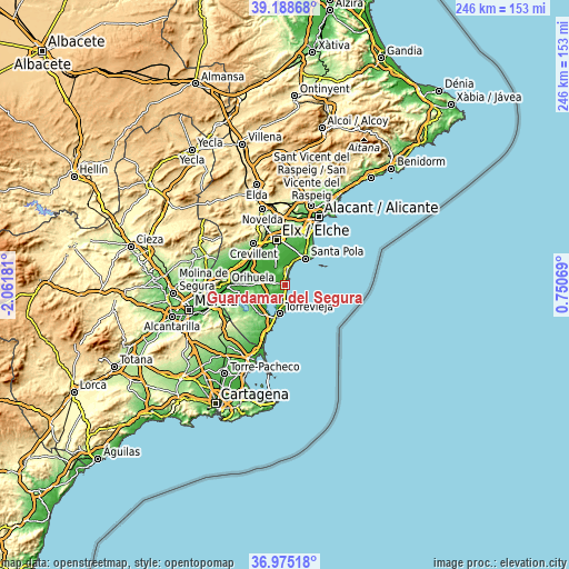 Topographic map of Guardamar del Segura