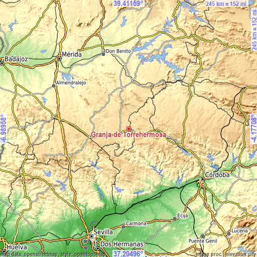 Topographic map of Granja de Torrehermosa