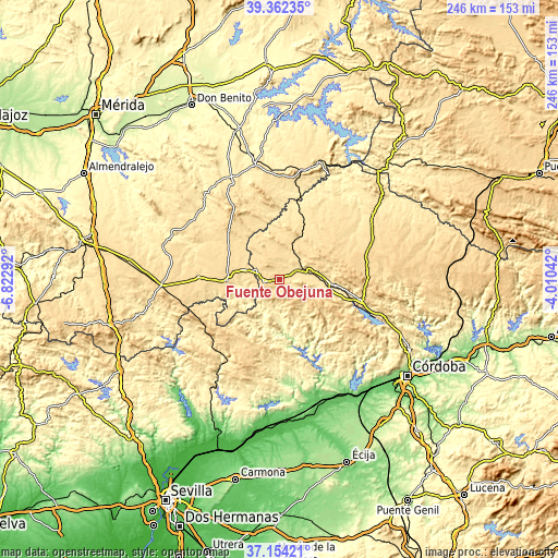 Topographic map of Fuente Obejuna