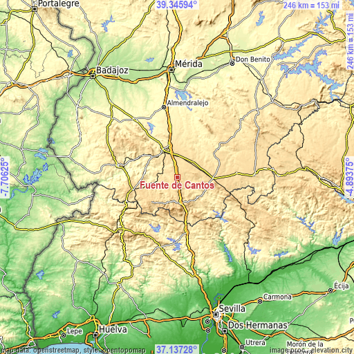 Topographic map of Fuente de Cantos