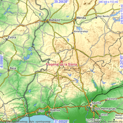 Topographic map of Fregenal de la Sierra