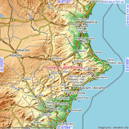 Topographic map of Fontanars dels Alforins