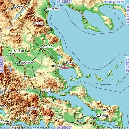 Topographic map of Volos