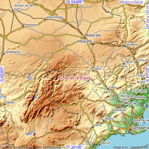 Topographic map of Elche de la Sierra