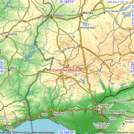 Topographic map of Cumbres Mayores