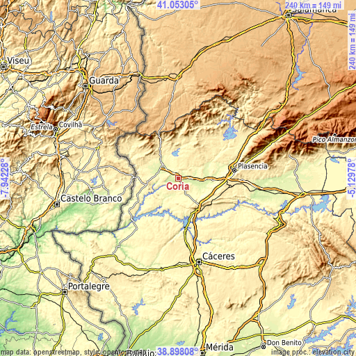 Topographic map of Coria