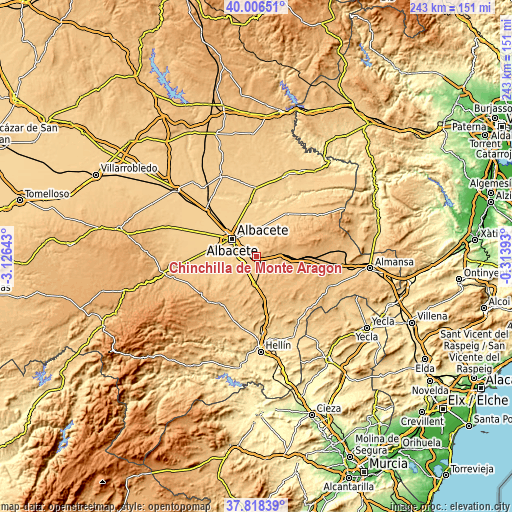 Topographic map of Chinchilla de Monte Aragón