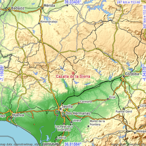 Topographic map of Cazalla de la Sierra