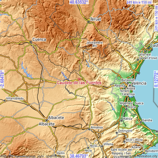 Topographic map of Caudete de las Fuentes