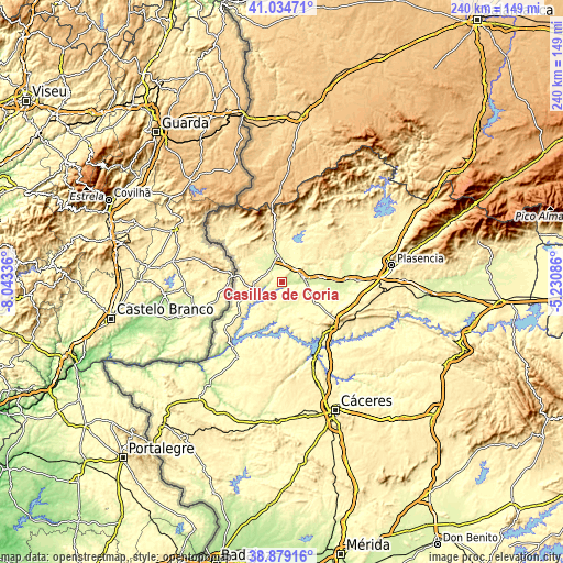 Topographic map of Casillas de Coria