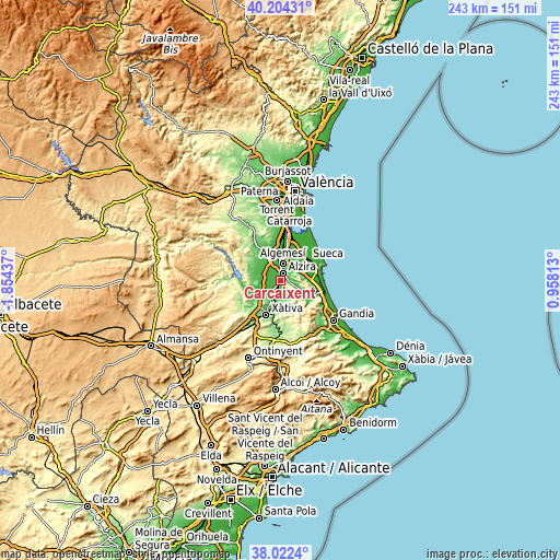 Topographic map of Carcaixent