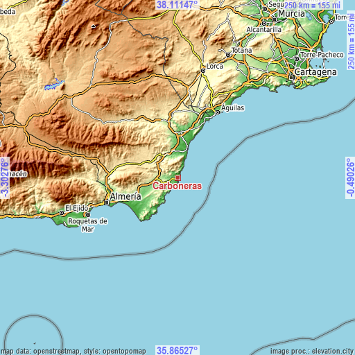 Topographic map of Carboneras