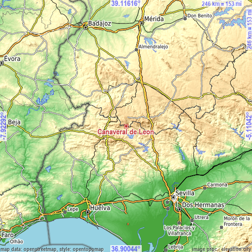 Topographic map of Cañaveral de León