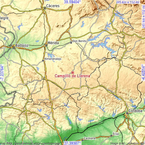 Topographic map of Campillo de Llerena