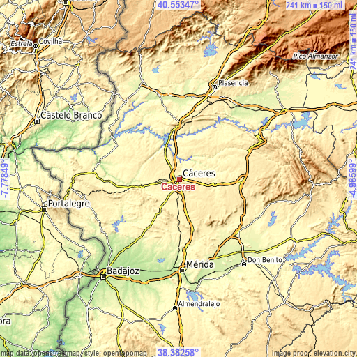 Topographic map of Cáceres