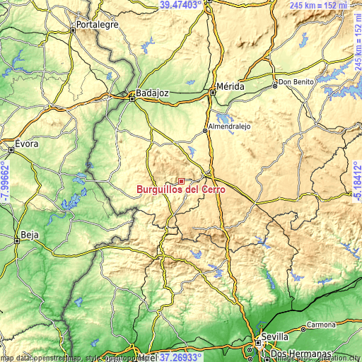 Topographic map of Burguillos del Cerro