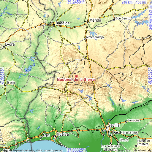 Topographic map of Bodonal de la Sierra