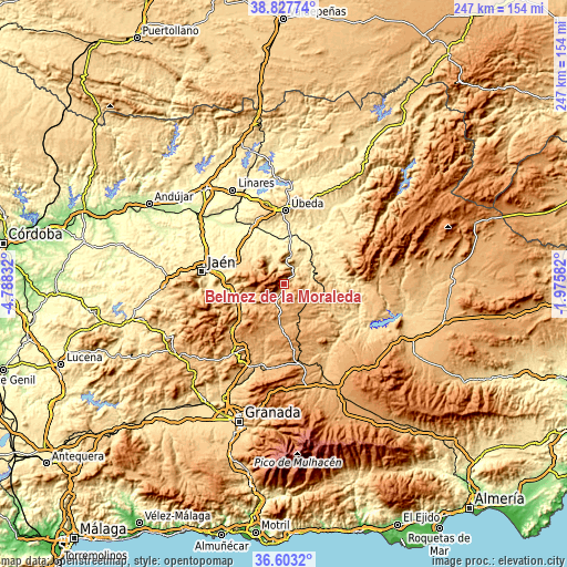 Topographic map of Bélmez de la Moraleda