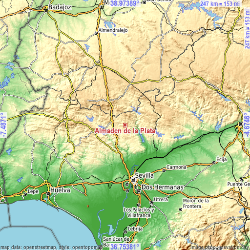 Topographic map of Almadén de la Plata