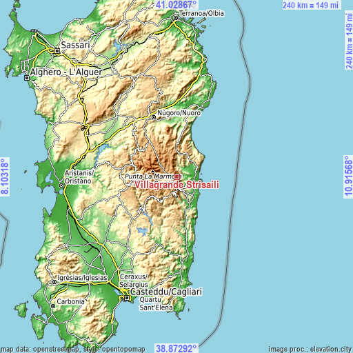 Topographic map of Villagrande Strisaili