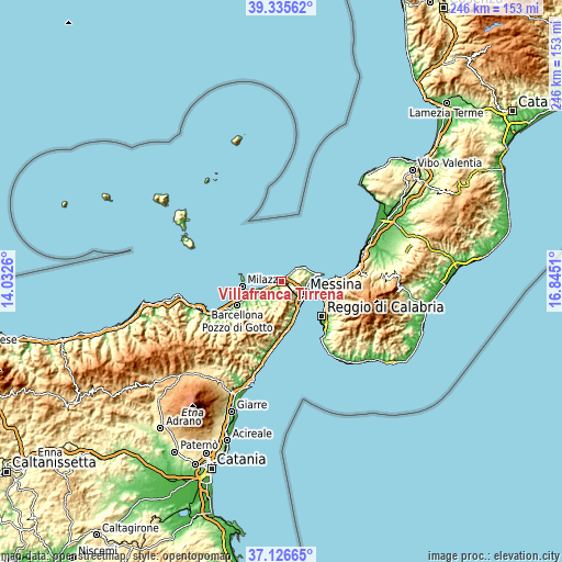 Topographic map of Villafranca Tirrena