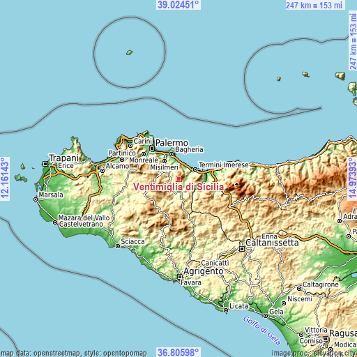 Topographic map of Ventimiglia di Sicilia