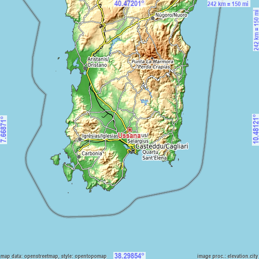 Topographic map of Ussana